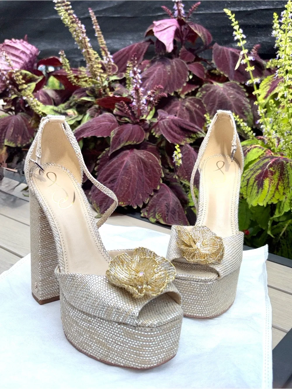 Sam Edelman Gold Sparkle Platform Block Heels with Floral Appliqué